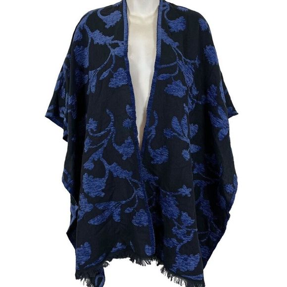 Chicos Womens Floral Chenille Jacquard Ruana Wrap Poncho Kimono Blue One Size - Picture 1 of 15